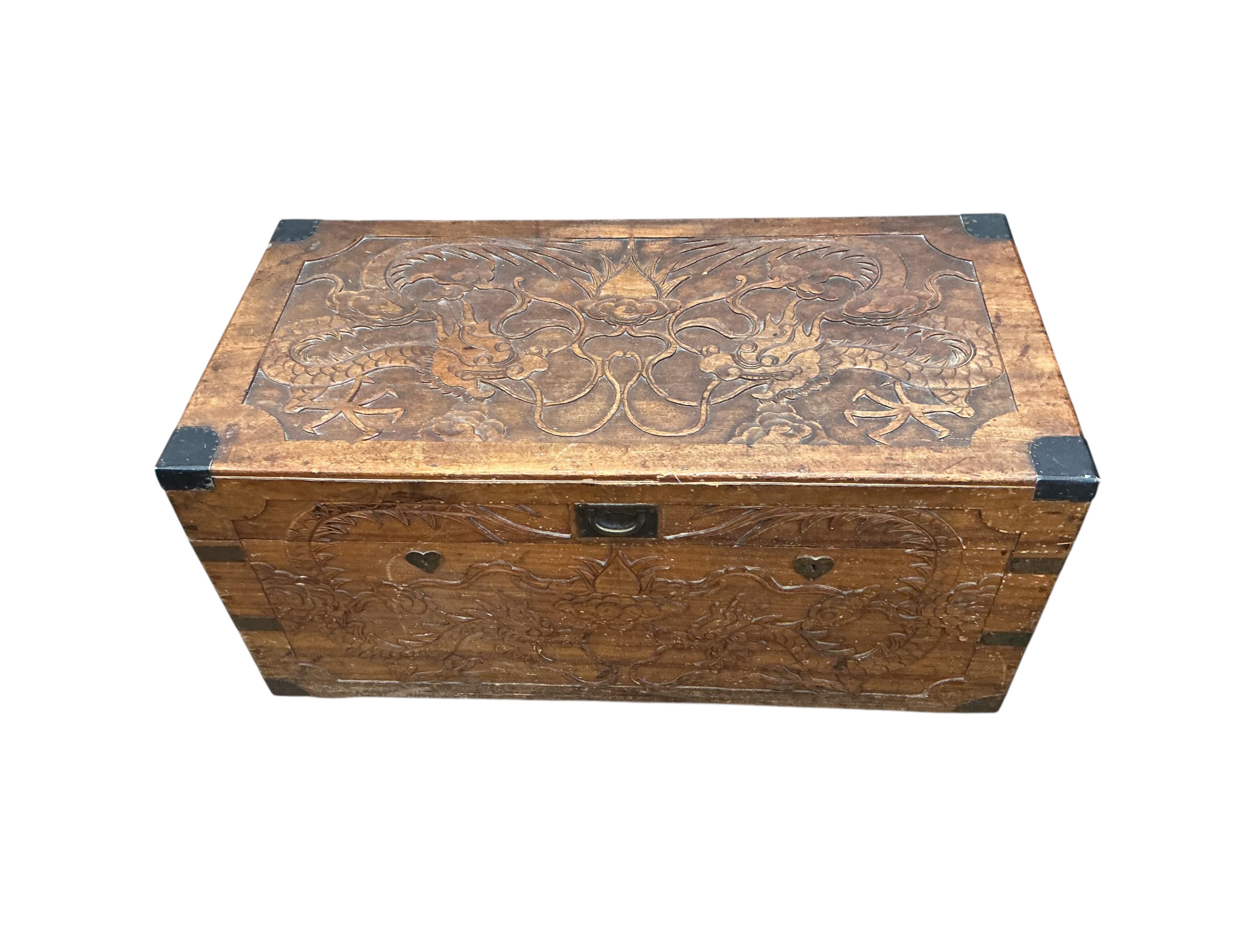 A Chinese carved hardwood ‘dragon’ trunk, width 98cm, depth 48cm, height 46cm